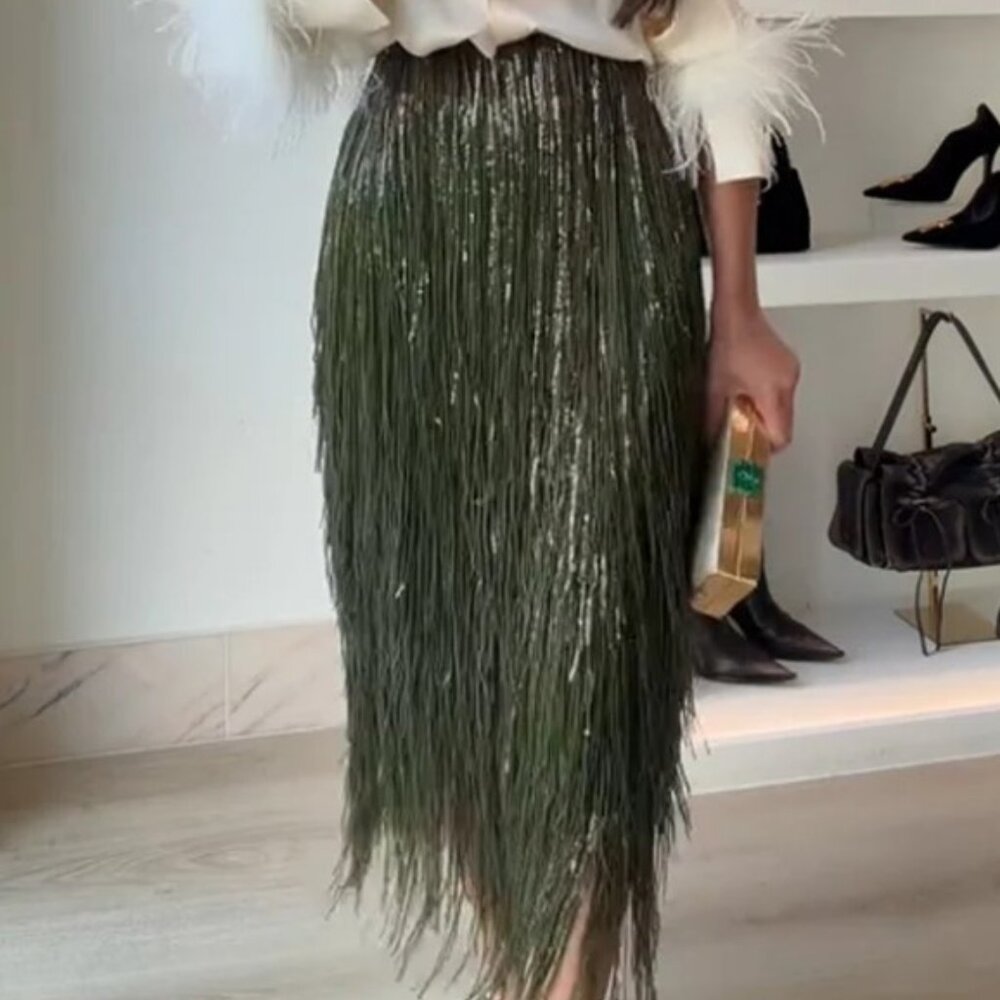 ZARA NEW WOMAN MID RISE ZW LIMITED FRINGED SEQUIN SKIRT GREEN 9125/101/500